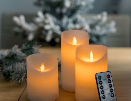 Набор восковых свечей "Мерцающие", тёплые белый LED-огни, колышущееся пламя, (набор 3 шт.),таймер, диммер, ПДУ, Peha Magic фото 3