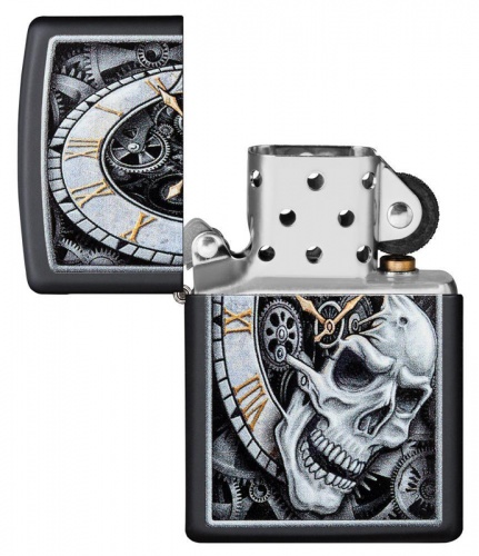 Зажигалка Zippo Skull Clock Design с покрытием Black Matte, латунь/сталь, чёрная, матовая, 36x12x56 фото 2