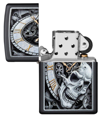 Зажигалка Zippo Skull Clock Design с покрытием Black Matte, латунь/сталь, чёрная, матовая, 36x12x56 фото 2