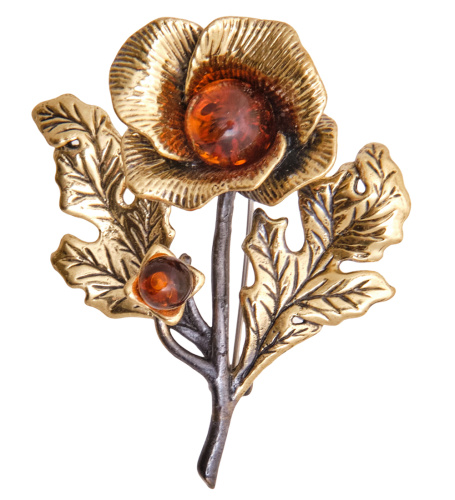 AM-3530 Брошь «Цветок Эшшольция» (латунь, янтарь) фото 3