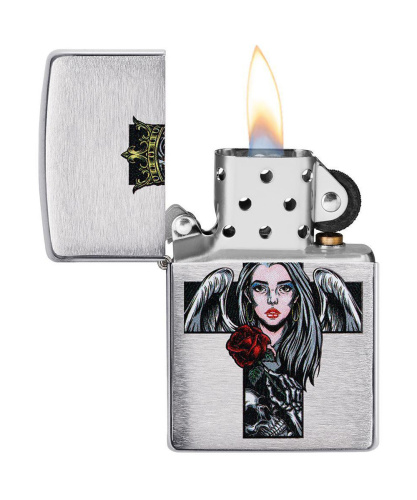 Зажигалка Zippo Cross, Queen and Skull Design, покрытие Brushed Chrome, серебристая фото 2