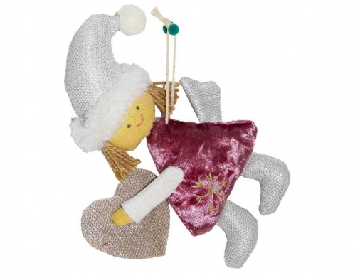 Ёлочная игрушка "Сердечный ангелочек", бархат, розовый, 20 см, Due Esse Christmas фото 2