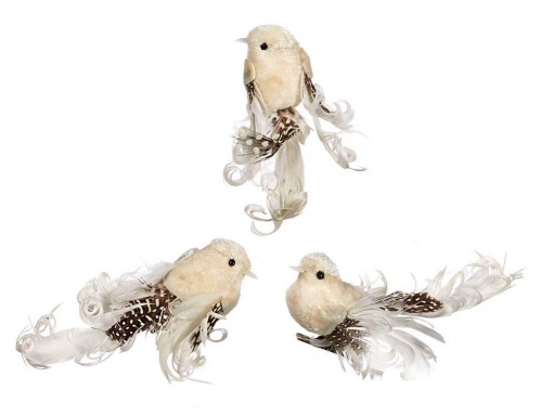 Ёлочная игрушка "Кудрявая птичка" на клипсе, перо, текстиль, белая с коричневым, в асс., 14 см, Goodwill фото 2