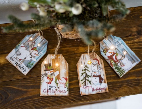 Светящаяся ёлочная игрушка "Снеговичковый позитив" (Merry Christmas), MDF, 2 тёплых белых LED-огня, 8х12 см, Kaemingk фото 2