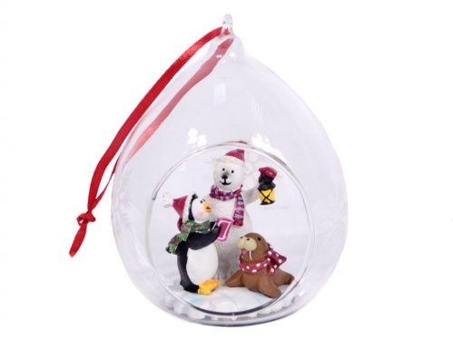 Стеклянная колба-подвеска с композицией "Белый мишка и пингвин", 8х7х11 см, Forest Market