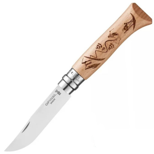 Нож Opinel №8 Alpine adventures, нержавеющая сталь, рукоять дуб, гравировка лыжи, 002188