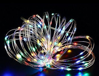 Электрогирлянда "Волшебные капельки"  (роса), 100 ультра ярких разноцветных mini-LED ламп, 10+1.5 м, провод-серебристая проволока, SNOWHOUSE
