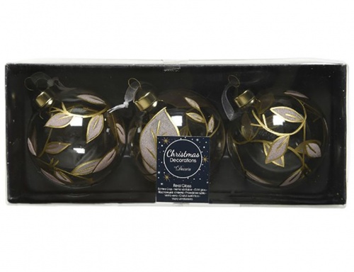 Набор стеклянных шаров "Золото листвы", прозрачный, 8 см (упаковка 3 шт.)., Kaemingk фото 3