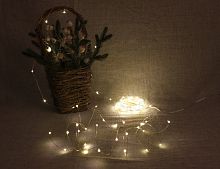 Электрогирлянда МЕРЦАЮЩАЯ НИТЬ (роса), 120 ультра ярких теплых белых mini LED-ламп на серебряной проволоке, 12+1.5 м, контроллер, адаптер 220/12V, уличная, SNOWHOUSE