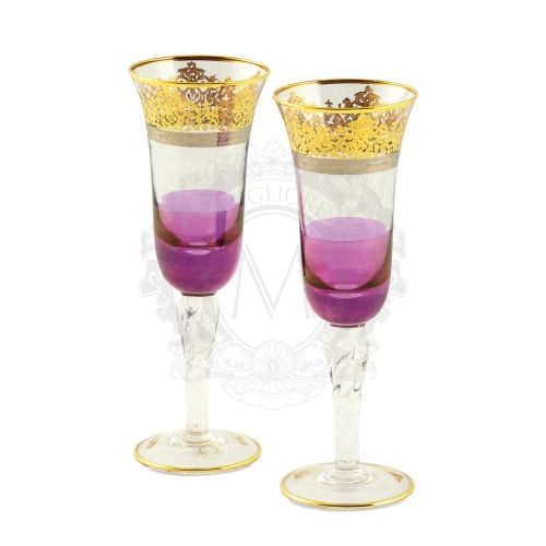 LUCIANA Бокал для шампанского, набор 2 шт, хрусталь фиолетовый/декор золото 24К фото 2