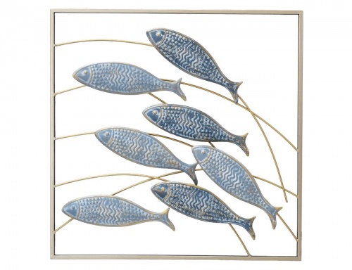 Настенное интерьерное украшение "Стайка рыбок", металл, серебряное с золотым, 50х3х50 см, Boltze