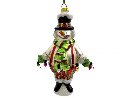 Ёлочная игрушка "Снеговик с гирляндой", стекло, 8.5х5.1х15.5 см, Forest Market