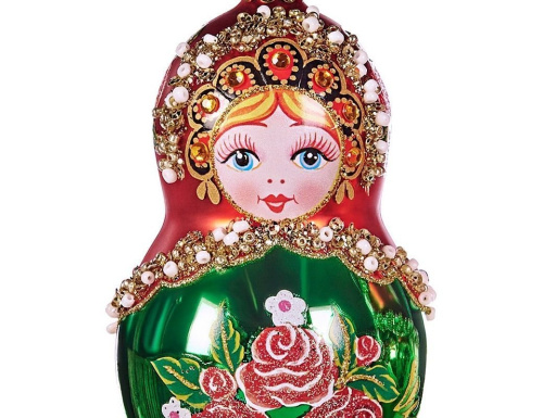 Стеклянная елочная игрушка МАТРЕШКА С ЖЕМЧУГАМИ в сарафане с розами, 12 см, подвеска, Goodwill фото 2