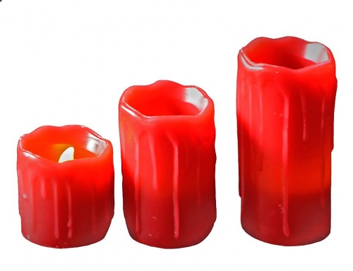 Набор восковых "Оплавленных" свечей, (3 шт.), янтарный свет LED, красные, батарейки, 10/7,5/5х5 см, Edelman