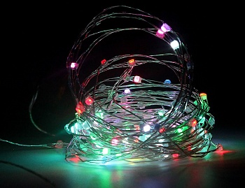 Электрогирлянда "Мерцающая радужная нить" (роса), 120 ультра ярких RGB mini- LED-ламп на серебряной проволоке, 12+1.5 м, адаптер 220/12V, уличная, SNOWHOUSE