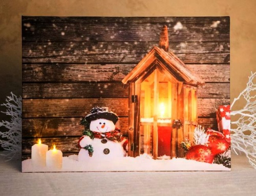 Светодиодное настенное панно "Фонарик - домик для снеговичка" с LED-огнями, 30х40 см, Koopman International