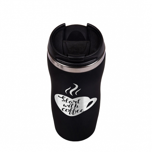 Термокружка "Start with Coffee" в красном и чёрном цветах, изготовленная из нержавеющей стали, представленная в подарочной упаковке фото 5