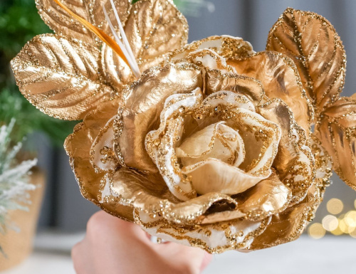 Искусственная роза АЙСЛЕНД на клипсе, золотая, 28 см, Winter Deco фото 3