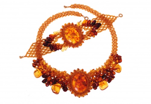 Плетеный комплект из натурального янтаря: колье, браслет, 10781n;10781b