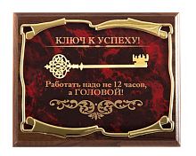 Плакетка от производителя: "Ключ к успеху! Работать надо не 12 часов, а ГОЛОВОЙ!", размеры 26*20 см, материалы МДФ и металл, цвет бордовый