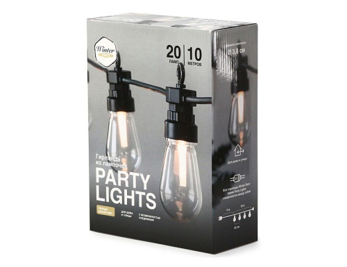 Светодиодная гирлянда из лампочек Party Lights – ЭДИСОН-ПАТИ, 20 тёплых белых LED-огней, 10 м, коннектор, чёрный провод, уличная, Winter Deco фото 3