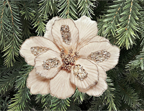 Искусственный цветок МАГНОЛИЯ РОССА на клипсе, текстиль, 26 см, Christmas Deluxe
