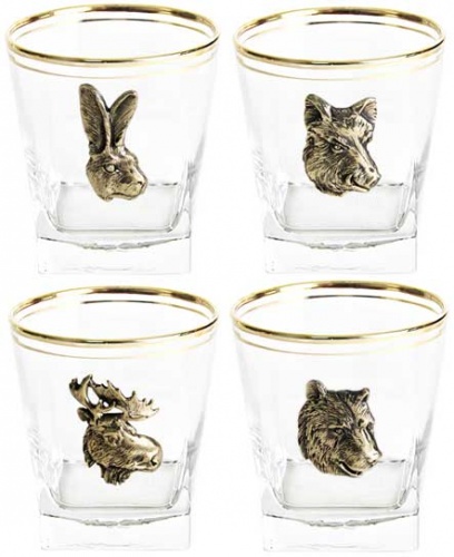 Четыре бокала для виски Звери Медведь,Лось,Кабан,Заяц(латунь) в футляре фото 2