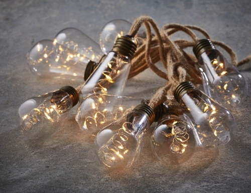 Гирлянда ретро лампы ЛАММЕРТ, 10 ламп, 50 тёплых белых микро LED-огней, 3,15+5 м, джутовый провод, Edelman, Luca