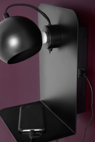 Лампа настенная ball с разъемом usb, 22х30 см, черная матовая с черным шнуром фото 3