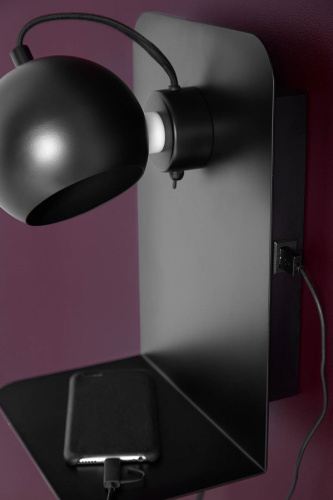 Лампа настенная ball с разъемом usb, 22х30 см, черная матовая с черным шнуром фото 2