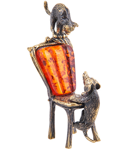 AM-3715 Фигурка «Собака Такса и Кот на стуле» (латунь, янтарь) фото 4