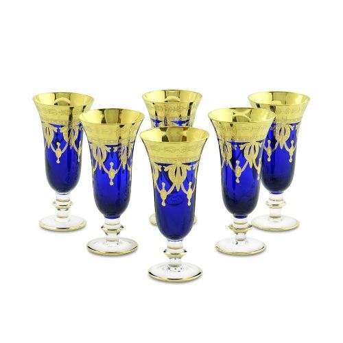DINASTIA BLU Бокал для шампанского, набор 6 шт, хрусталь синий/декор золото 24К
