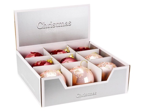 Набор стеклянных ёлочных шаров ROMANCE DE FLEUR, розовые и бургунди, 10 см (упаковка 9 шт.), Koopman International фото 3