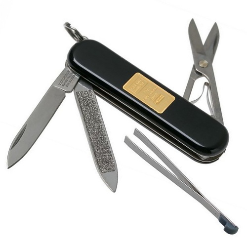 Нож-брелок Victorinox Classic с золотым слитком 1 гр, 58 мм, 7 функций, черный фото 2