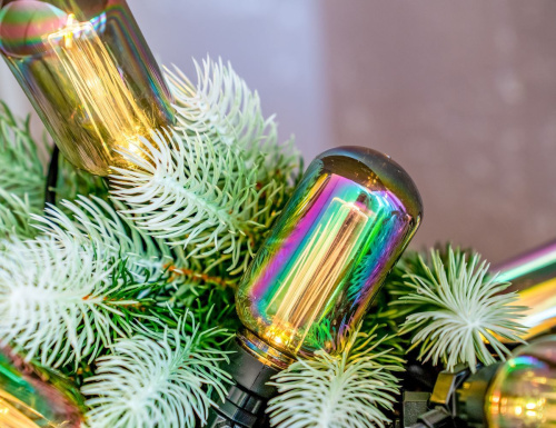 Светодиодная гирлянда из лампочек Party Lights - БАРАТОЛЛИ 'бензиновая', 20 тёплых белых LED-огней, 10 м, коннектор, чёрный провод, уличная, Winter Deco фото 5