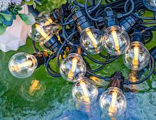 Светодиодная гирлянда Party Lights - ЛАМПОВОЕ НАСТРОЕНИЕ, прозрачная, 20 тёплых белых LED-огней, 10 м, контроллер, коннектор, чёрный провод, уличная, Winter Deco