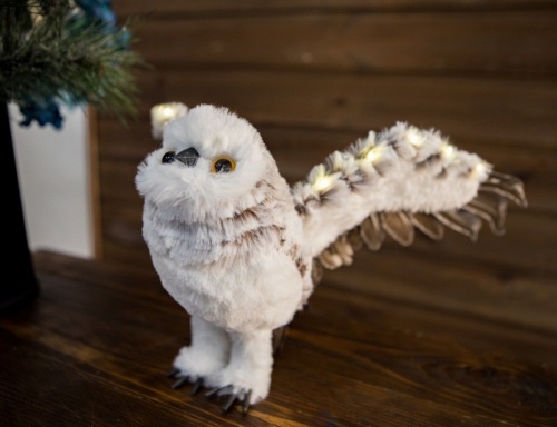 Интерьерное украшение "Парящая сова", плюш, перья, тёплые белые LED-огни, 17x40x11 см, батарейки, Kaemingk фото 3