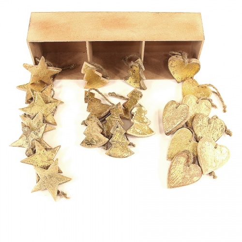 Украшения подвесные golden stars/trees/hearts, деревянные, в подарочной коробке, 24 шт. фото 2