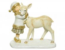 Новогодняя фигурка "Девочка с оленёнком" полистоун, белая с золотым, 7.5x16.5x15.3 см, Kaemingk
