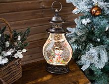 Новогодний снежный фонарь "Снеговик и хоровод", бронзовый, LED-огни, 35.5 см, батарейки, Peha Magic