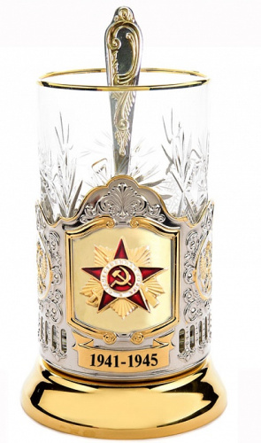 Подстаканник из никеля с орденом "Победы 1941-1945" с позолочением во футляре - Набор с хрустальным стаканом и чайной ложкой фото 2
