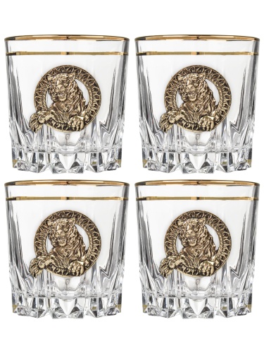 Набор бокалов для виски Карат с золотой обводкой ( 4 шт.) с накладкой "Тигр" латунь, упаковка пейсли,ложемент,шелк фото 5