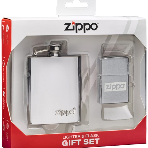 Набор Zippo: фляжка 89 мл и ветроустойчивая зажигалка Brushed Chrome, серебристая фото 6