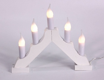Свечи на белой деревянной подставке - горке, 5 теплых белых LED ламп - свечек, 20,5х17 см, батарейки, SNOWHOUSE