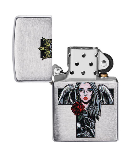 Зажигалка Zippo Cross, Queen and Skull Design, покрытие Brushed Chrome, серебристая фото 4