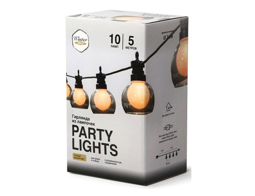 Светодиодная гирлянда из лампочек Party Lights - ТЁПЛЫЕ СУМЕРКИ, 10 тёплых белых LED-огней, 5 м, коннектор, чёрный провод, уличная, Winter Deco фото 3