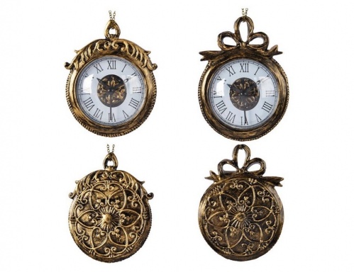Ёлочное украшение "Старинные часы"  на цепочке, пластик, 13 см, разные модели, Kaemingk