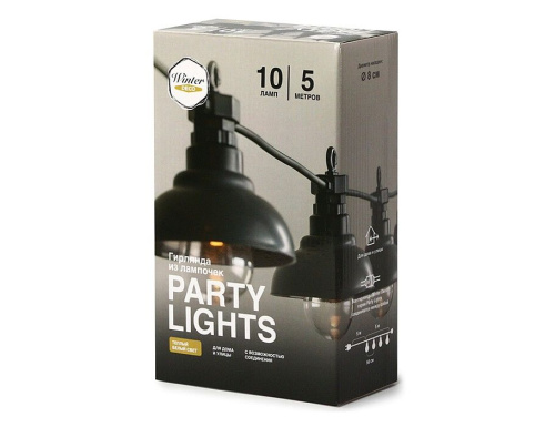 Светодиодная гирлянда Party Lights - РЕТРО-ФОНАРИКИ, 10 экстра тёплых белых LED-огней, 5 м, коннектор, чёрный провод, уличная, Winter Deco фото 3