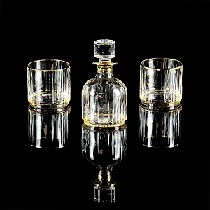 BINGO Комплект для виски: графин + 2 стакана, хрусталь янтарный/декор золото 24К, Тубус