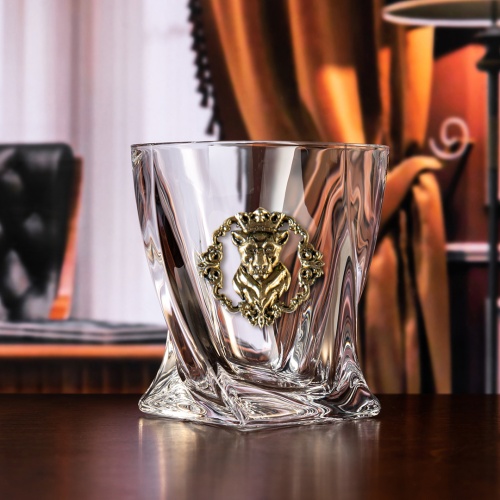 Набор бокалов для виски Квадро ( 2 шт.) с накладкой "Лев и Львица Царские" в деревянной шкатулкека фото 4